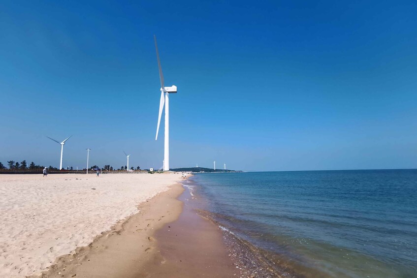 A beach with wind turbines in the background. 1