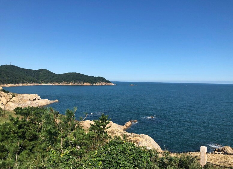 A coastal landscape with rocky cliffs, dense greenery, and a clear blue sea under a sunny sky. 5