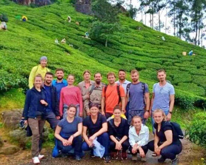 A group of people posing on a lush green hillside with tea plantations in the background. 3