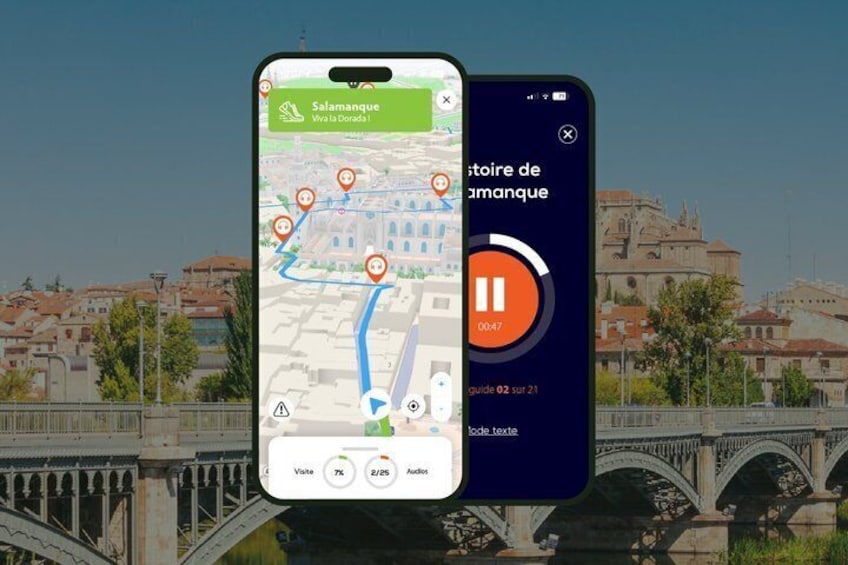 A smartphone displaying a map with a route marked by orange pins, a play button, and a guide number. 1