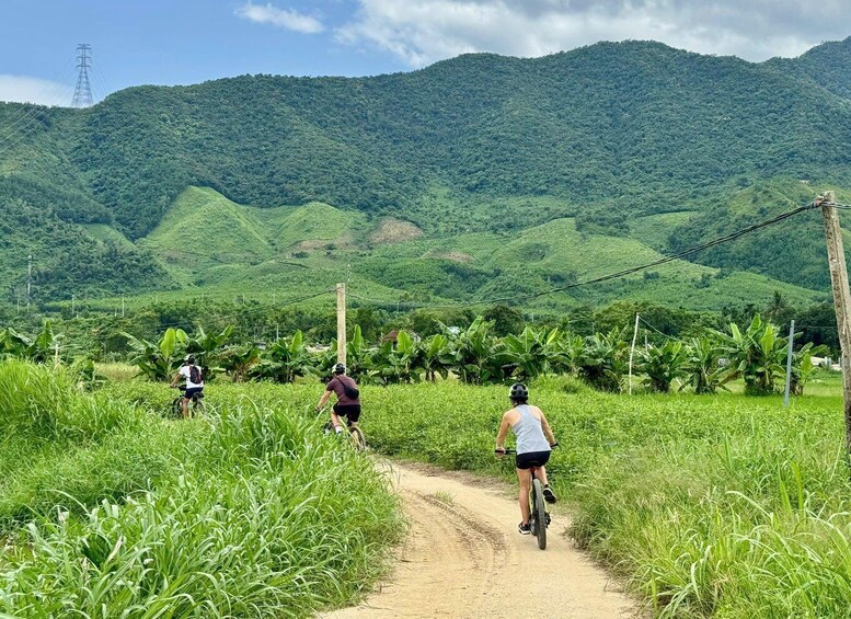 A dirt path with cyclists in a lush green landscape with hills in the background. 1
