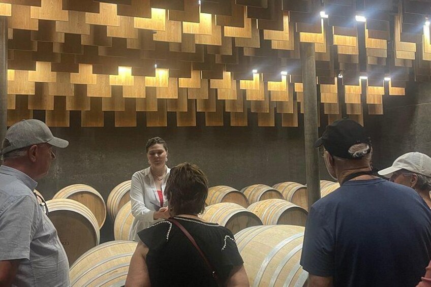 A group of people in a wine cellar with wooden barrels and a modern wooden wall design. 2