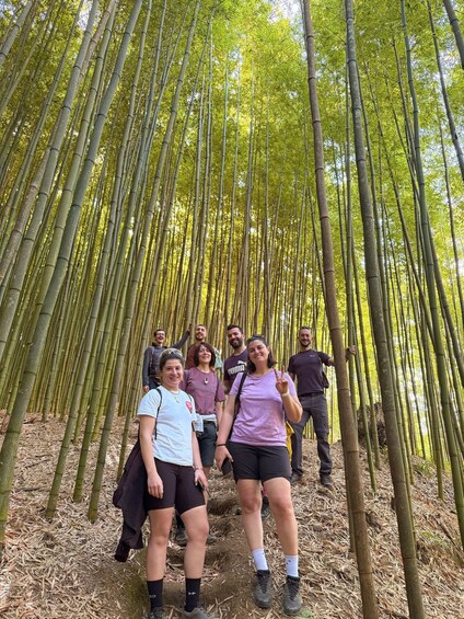 A group of people standing in a bamboo forest. 2