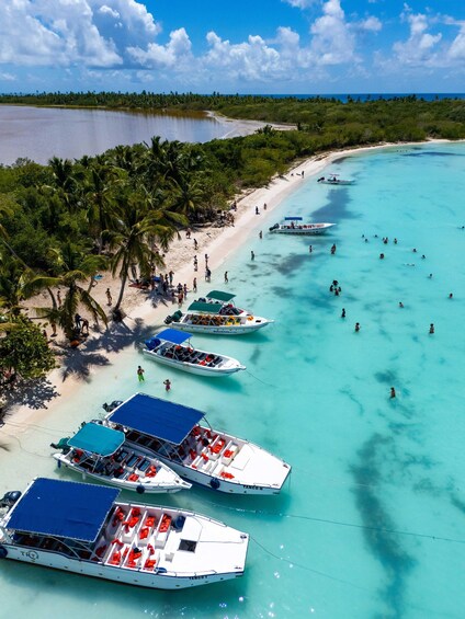 A tropical beach with clear turquoise waters, palm trees, and several boats anchored near the shore. 1