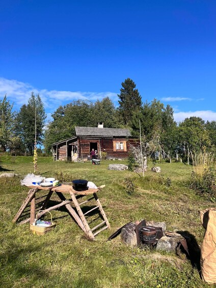 A rustic cabin surrounded by a grassy field with a picnic setup and a wheelbarrow. 3