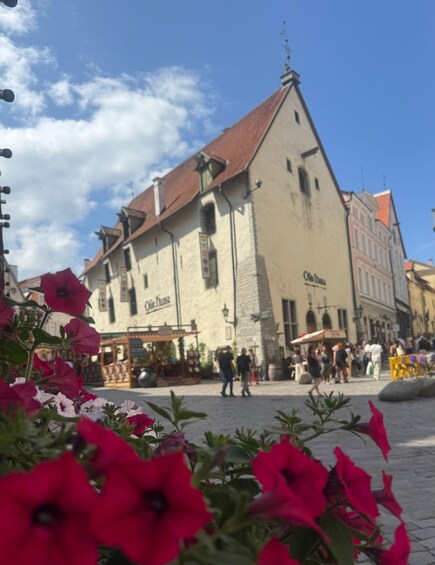 A historic building with a red roof and a sign that reads 'Olle Dansa.' 2