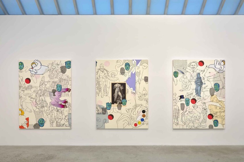 Three artworks on a gallery wall. 4