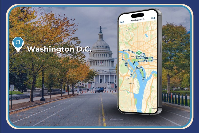 A smartphone displaying a map of Washington D.C. with the Capitol building in the background. 4