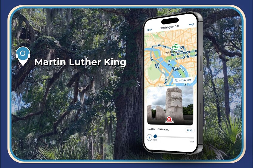 A smartphone displaying a map with a location marker labeled 'Martin Luther King' and a statue of Martin Luther King. 5