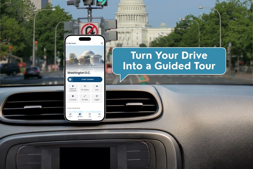 A smartphone mounted on a car dashboard displaying a guided tour app for Washington D.C. 3