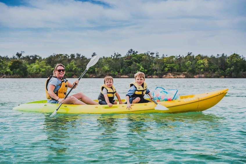 Three people kayaking on a calm body of water with a forested shoreline in the background. 5