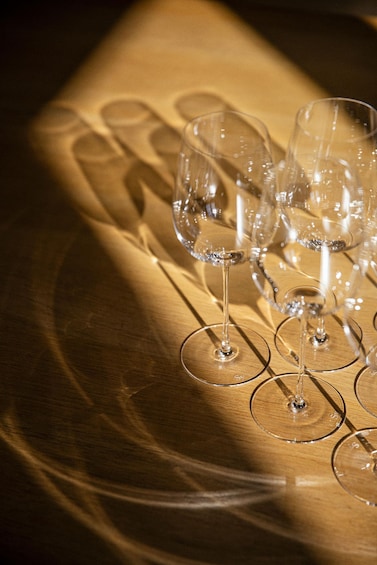 A row of empty wine glasses on a table with a golden cloth. 2
