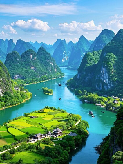 A river winding through lush green hills with traditional architecture and boats on the water. 1