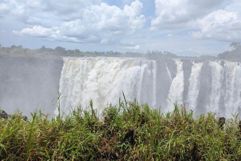 Een waterval met meerdere watertonnen, omringd door gras en bomen. 2