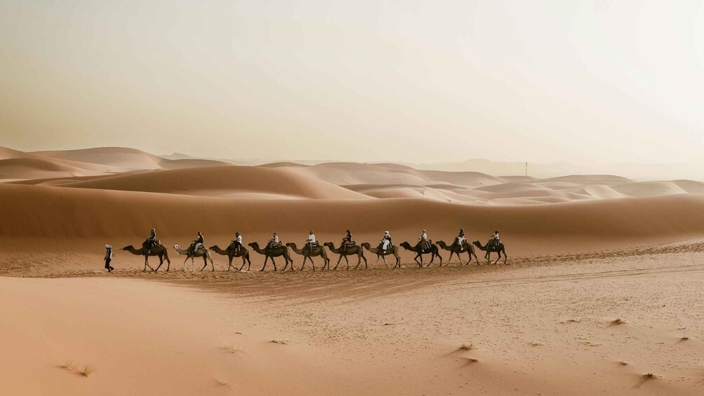 A group of people riding camels across a desert landscape with sand dunes. 1