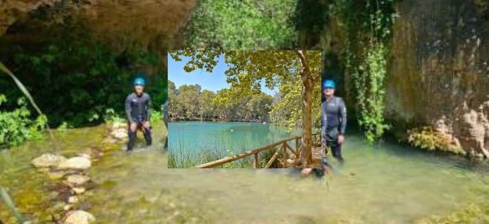 A person in a blue helmet standing by a river with a wooden bridge. 2