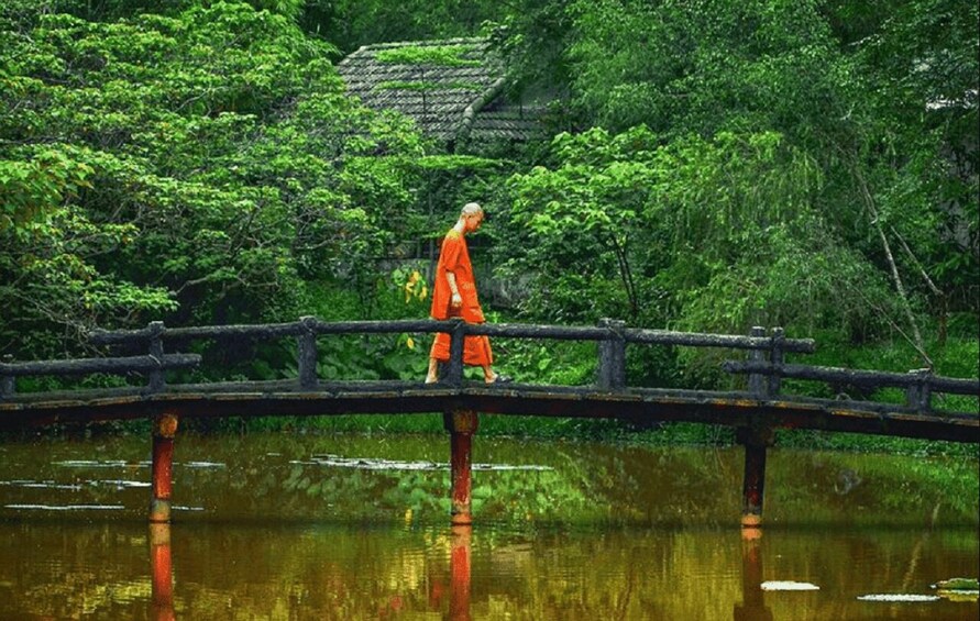 A person in orange robes walking on a wooden bridge over a body of water with dense greenery in the background. 5
