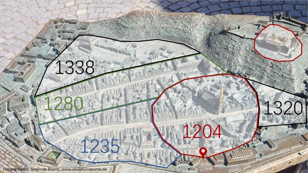 A detailed model of a cityscape with numbered sections, including 1204, 1235, 1280, 1320, and 1338. 5