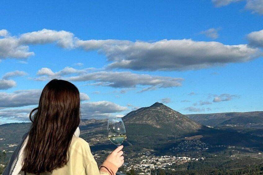 A person holding a wine glass, overlooking a mountainous landscape with scattered clouds. 5