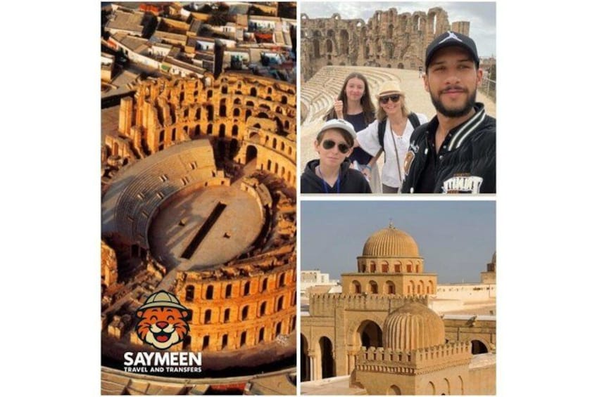 An ancient amphitheater, a group of people, and a historical building with a dome. 1