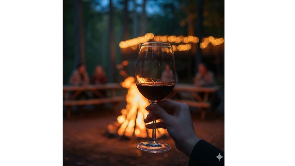 A hand holding a wine glass with a campfire in the background. 1