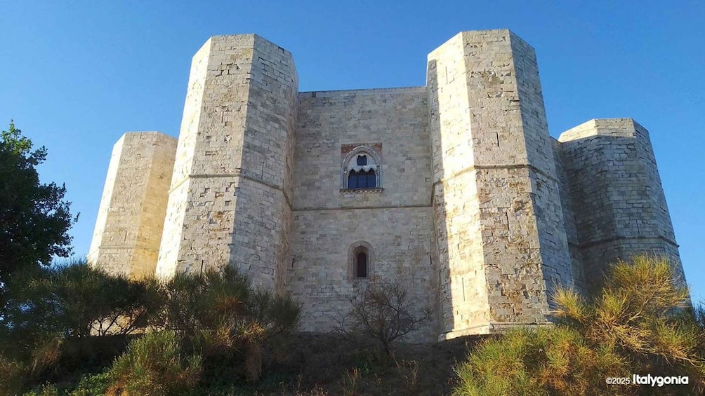 A medieval castle with four towers and a central arched window. 2