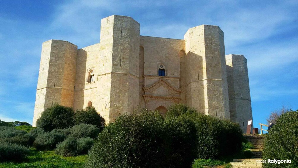 A historic stone castle with four towers, surrounded by greenery. 4