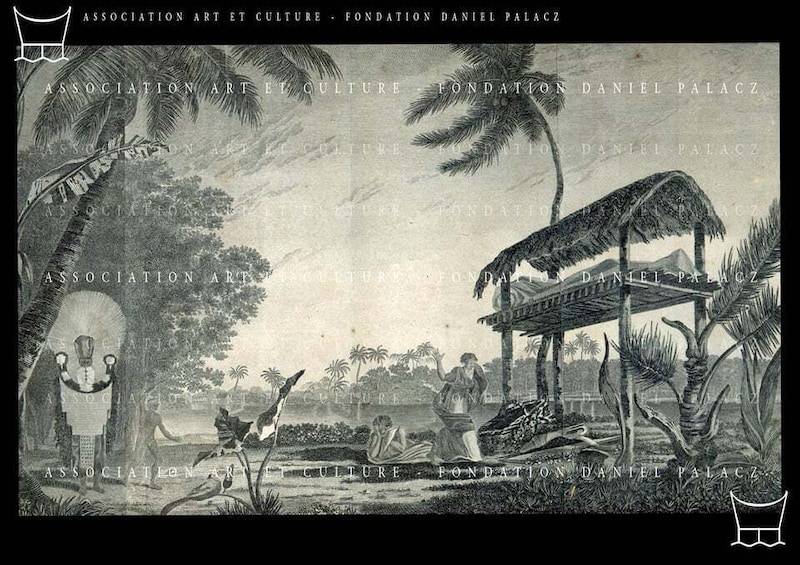 A historical scene with palm trees, a pavilion, and figures in period attire. 2