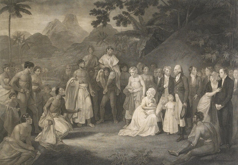 A historical scene with people in period clothing, a woman holding a child, and a man kneeling. 5