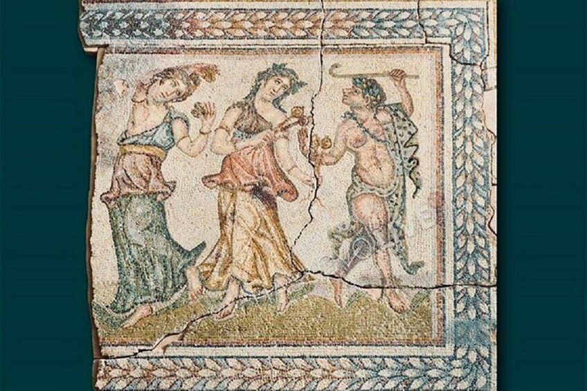 A mosaic with three figures, one central and two on either side, in classical attire. 5