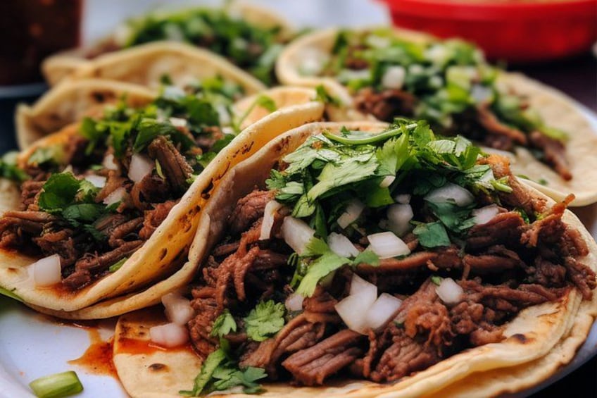 Three tacos with shredded meat, diced onions, and cilantro on a plate. 1
