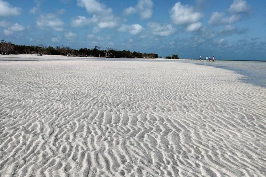 En sandstrand med fotspår och en klar himmel. 2