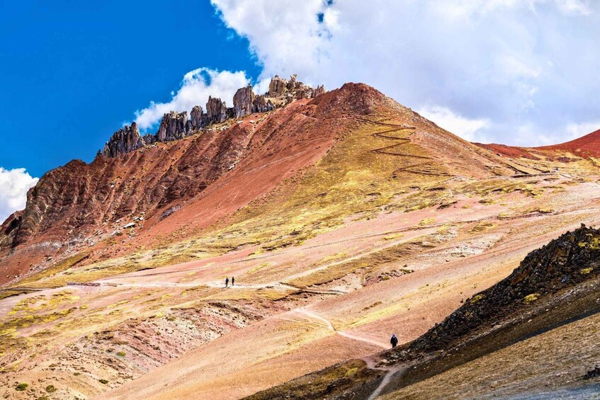 A rugged mountain landscape with a prominent peak and a winding path. 3