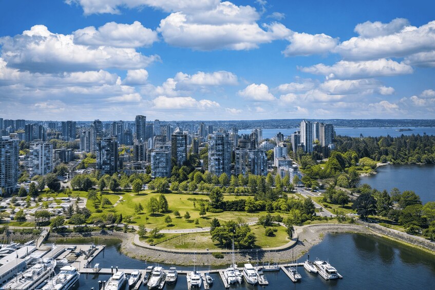 A cityscape with high-rise buildings, a marina with boats, and a park with greenery. 2