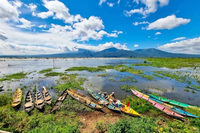 A landscape with a body of water, boats, and a mountain in the distance. 4