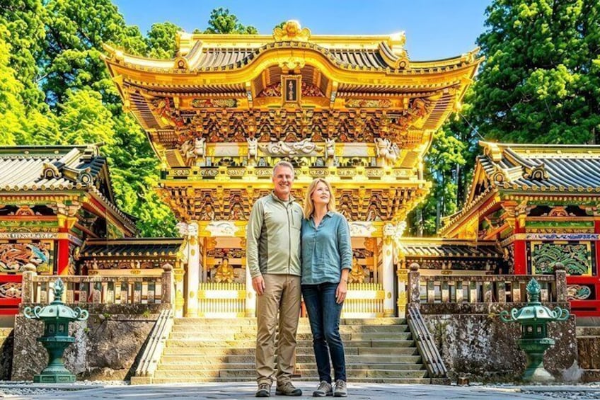 A couple standing in front of a traditional Chinese gate with ornate golden decorations and a staircase leading up to it. 1