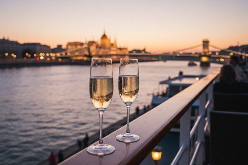 Deux verres de vin blanc sur un balcon, avec une rivière et un pont en arrière-plan. 4