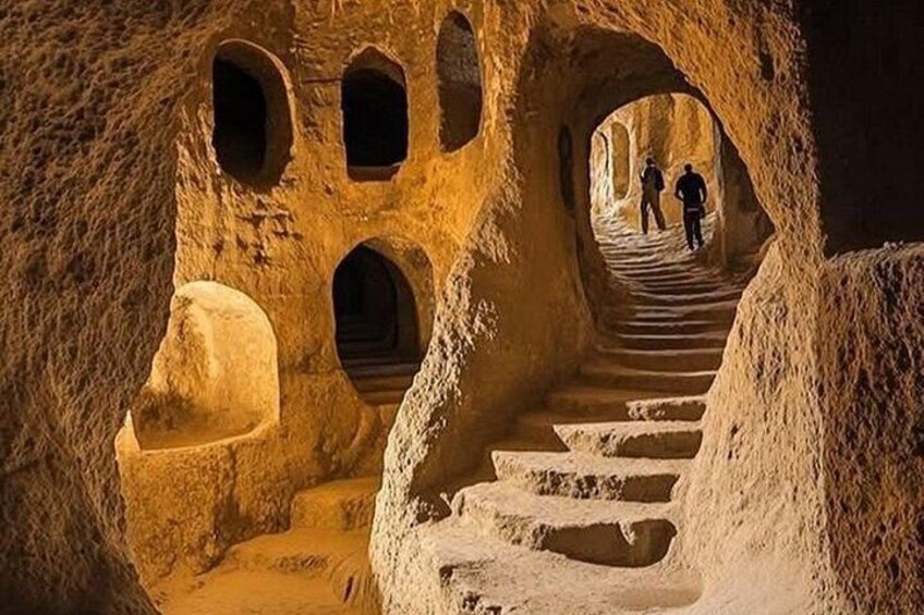 Una escalera de piedra con aberturas en arco que conduce a un nivel superior. 5