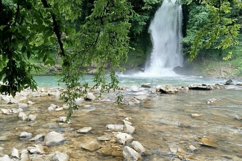 A waterfall, clear water, rocks, and green foliage. 4