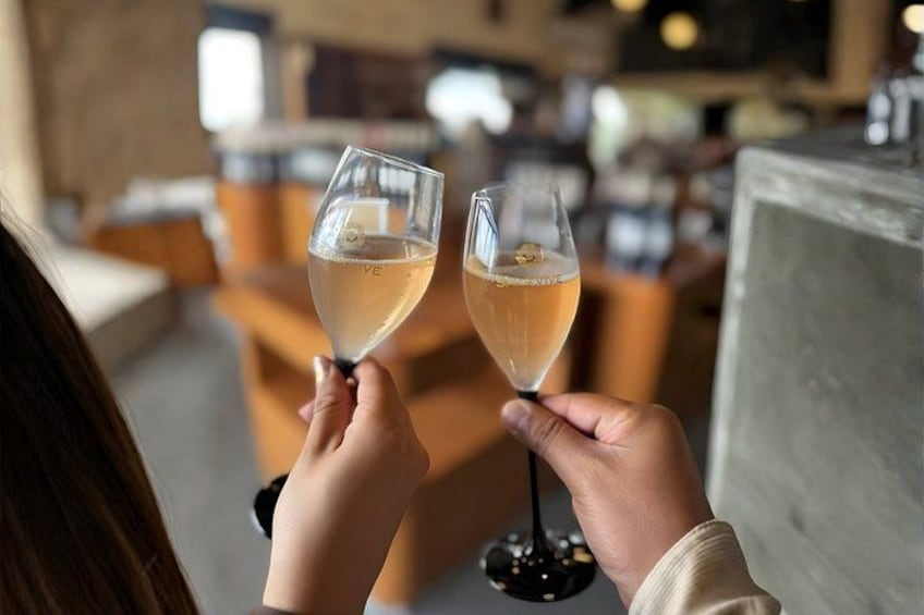 Two people holding champagne glasses in a bar setting. 1
