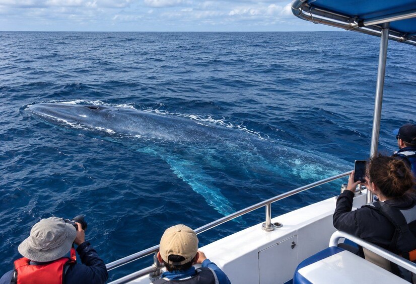 A whale breaching the ocean surface, viewed from a boat. 5
