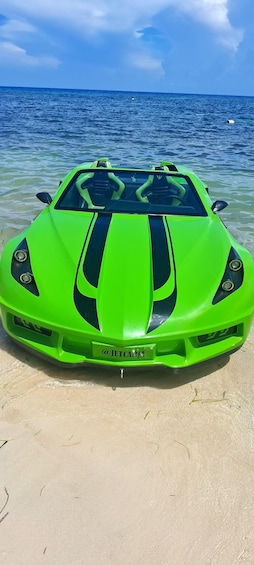 Un deportivo verde brillante aparcado en una playa arenosa con el océano al fondo. 1