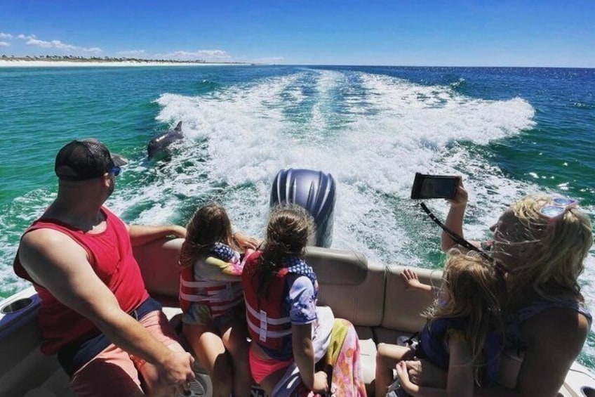 A family on a boat with a dolphin in the water. 1
