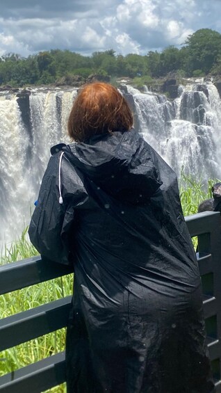 A person in a black raincoat standing on a railing, overlooking a waterfall. 4