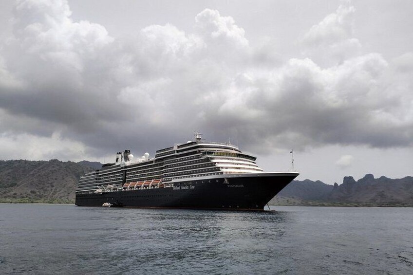 A large cruise ship named 'United States Line' sailing on a body of water with a mountainous landscape in the background. 3