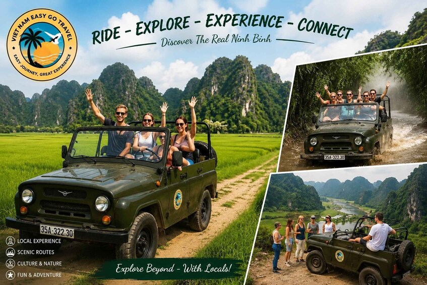 A jeep on a rural road with people waving, surrounded by lush greenery and hills. 1