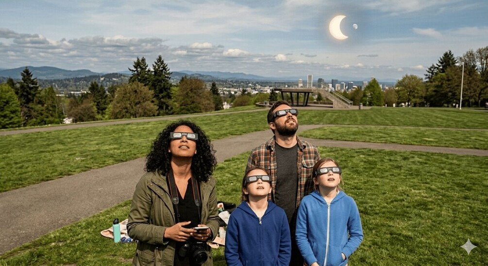 A family with glasses on, standing on a grassy field with a park, a bridge, and a crescent moon in the sky. 4