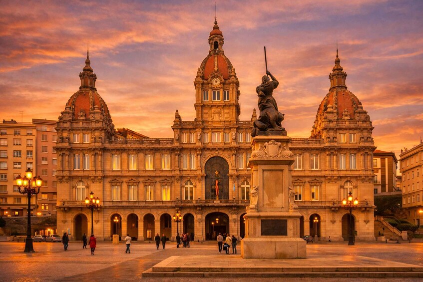 A historic building with two domes and a central statue. 2