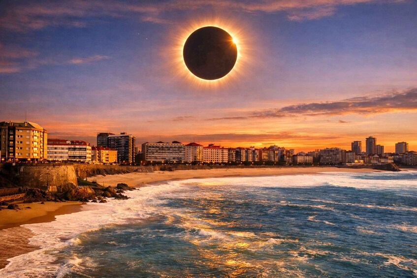 A coastal cityscape with a sunset and a solar eclipse. 5