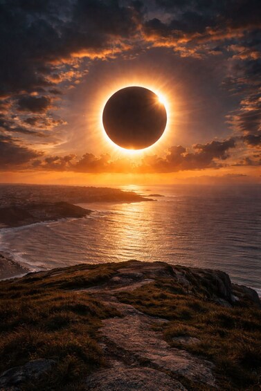 A sunset over a coastal landscape with a prominent rock formation in the foreground. 1